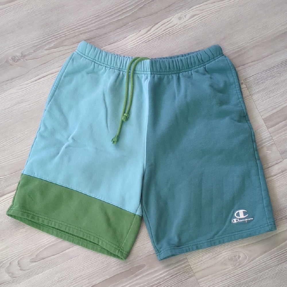 Champion Classic Fleece M Athletic Shorts Teal and Olive Cotton Blend Patchwork